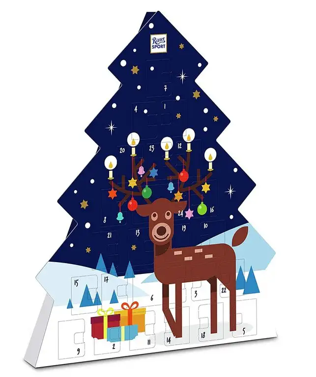 Ritter Sport Schokowürfel Adventskalender (208 g), Weihnachtskalender zum Aufhängen, 26 Schokoladen-Würfel, 7 leckere Sorten, in Tannenform