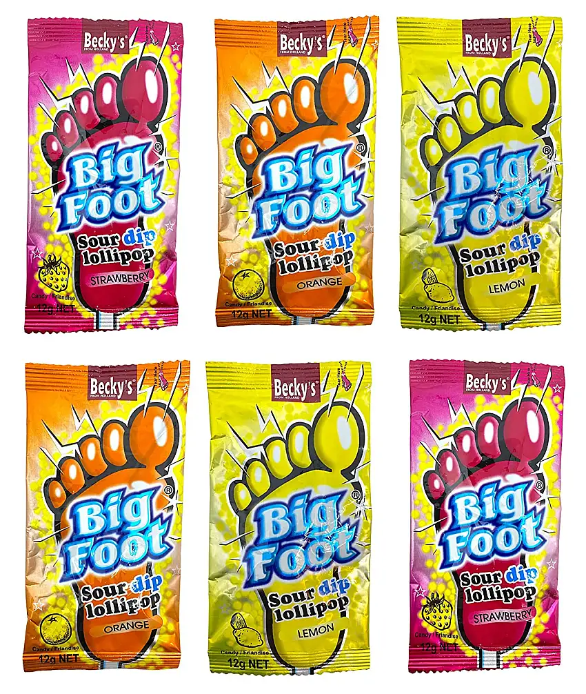 6er Set Hartkaramellen-Lutscher mit saurem Pulver zum Dippen Big Foot, Erdbeere Orange Zitrone (6 x 12g)