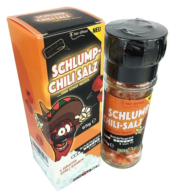 Schlump-Chili⎥Gewürz Geschenk Set - Habanero Chilisalz Gewürzmühle mit Edelstahlmahlwerk Würzmischung CHISA inkl. Chilisamen!