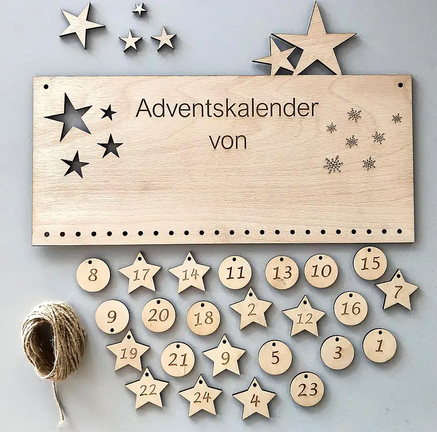 Adventskalender personalisiert Gravur mit Name Weihnachten Kinder Kalender (Stern Kalender + 24er Set Zahlen u. Schnur)