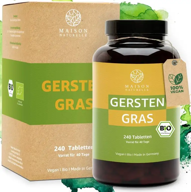 MAISON NATURELLE® Bio Gerstengras Tabletten (240 Stück) - 100% reines Bio Gerstengras Pulver ohne Zusätze - hochdosiert mit 3000 mg je Tagesdosis – Gerstengras Kapseln Gerstengrassaft pulver bio