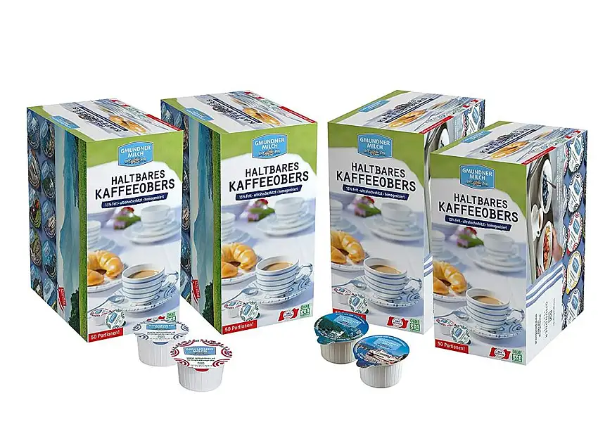 GMUNDNER MILCH Kaffeesahne-Spender | inkl. kostenlosem Salzkammergut Kochbuch | 3 Monate ungekühlt haltbar | Kaffeeobers mit Motiven aus Österreich | 4 x 50 Stück