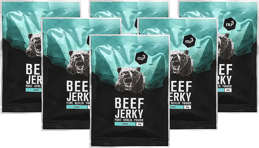 nu3 Beef Jerky Original - 6x 50g Trockenfleisch/Dörrfleisch vom grasgefütterten Weiderind - Low Carb 4%, Low Fat 3,7% - satte 51% Rind Protein - deftig gewürzt mit Zwiebeln, Senf und Honig