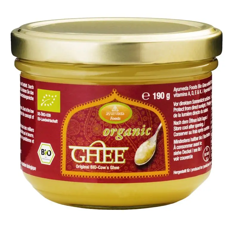 Ayurveda Foods - Organic Premium Bio Ghee 3er Set à 190g, sehr lange Haltbarkeit, Bio-Siegel, Brat- Kochfett, enthält Vitamine A, D, E & K