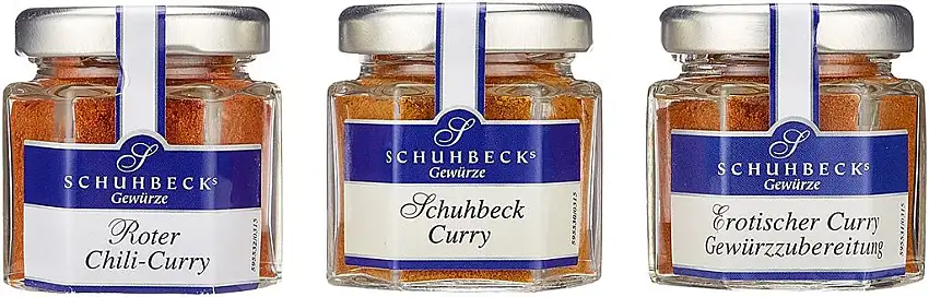Schuhbeck Gewürze Curry Variationen 3er Set erotischer-, Schuhbeck- & roter Chili-Curry für Fleisch, Fisch, Marinaden & Gemüse, ideal als Geschenk, Menge 3 x 18 g