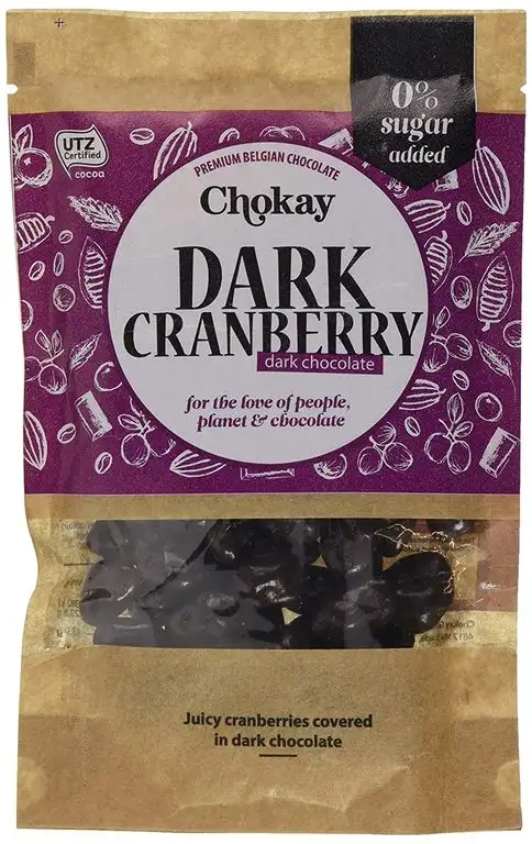 Chokay schokolade Saftige Cranberries umhüllt mit belgischer dunkler Schokolade, ohne Zuckerzusatz, 2er Pack (2 x 110 g)