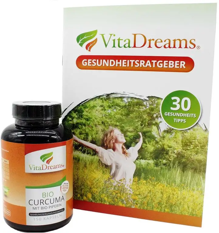 Kurkuma Bio Kapseln VitaDreams - AKTIONSPREIS Bio Curcuma Monatsvorrat hochdosiert & Vegan - 620 mg pro Kapsel mit Curcumin und Bio Piperin + Gesundheitsratgeber - mit Bio Zertifizierung