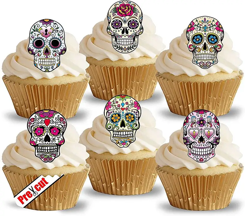 Calavera-Schädel Cupcake-Dekoration, vorgeschnitten, essbares Reispapier, Cupcake- und Tortentopper, Halloweendeko, für Geburtstage und Partys