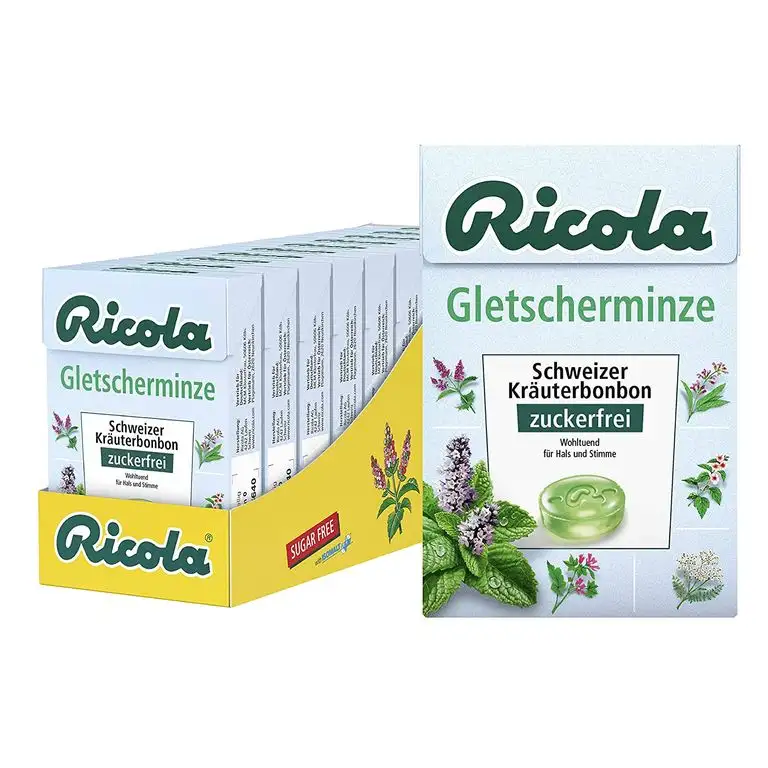 Ricola Gletscherminze, Schweizer Kräuterbonbon, 10 x 50g Böxli, ohne Zucker, Wohltuend für Hals und Stimme*