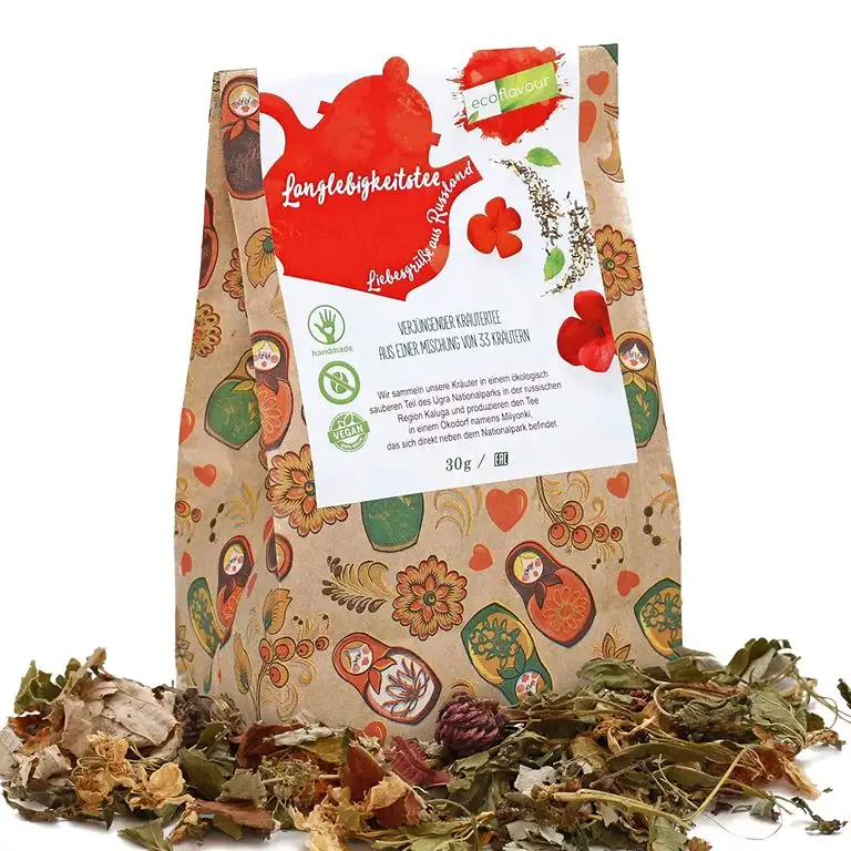 Ecoflavour Langlebigkeitstee – Kräutertee, Loser Tee, Premium 33 Kräuter Teemischung, Feinste Inhaltsstoffe, Handgeerntet, Ohne Künstliche Zusätze, Zuckerfrei, 30g