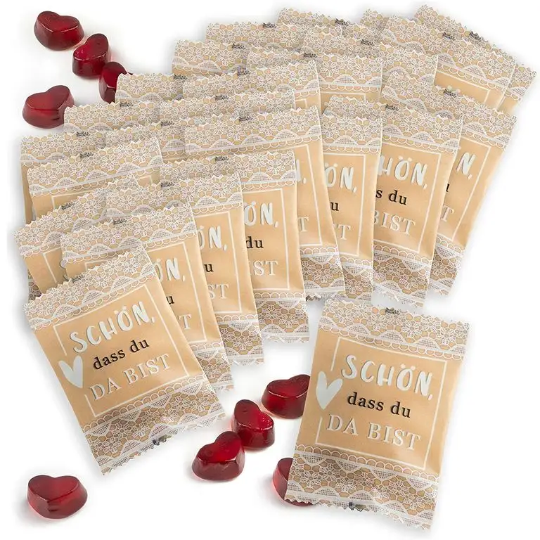 WeddingTree Fruchtgummiherzen "Schön, dass du da bist" 25 x 10g in kleinen päckchen mit Kraftpapier - perfekt als Gastgeschenke Geburtstag, als Hochzeitsdeko Vintage oder Gästegeschenke Taufe