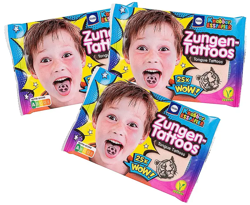 Küchle Zungen-Tattoos – Kinder-Oblaten – Knabber-Esspapier – Süßigkeiten Kindergeburtstag – 3 x 25 Tattoos – 3 x 11g