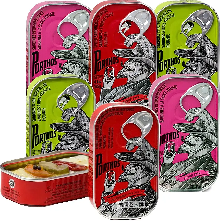 Portugiesische Sardinenvariation von Porthos - Gewürztes Olivenöl, Öl pikant, Tomatensauce 6x125g / Portugal