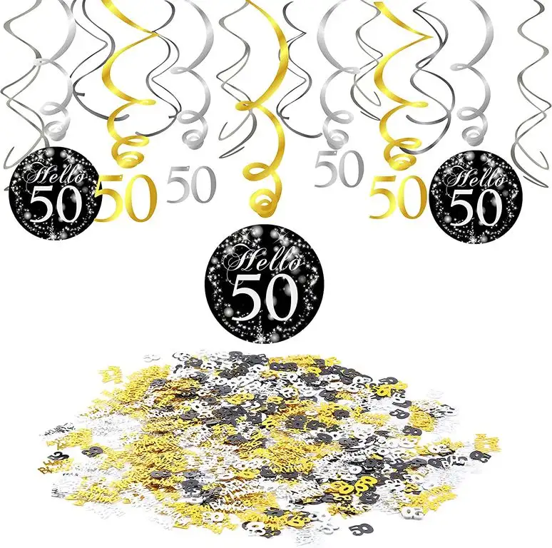Konsait 50. Geburtstag Dekoration Deko, 50. Geburtstag Swirl schwarz Partykette Girlande (15 Grafen) & Happy Birthday 30 Table Konfetti für Celebration 50 Jahre alt