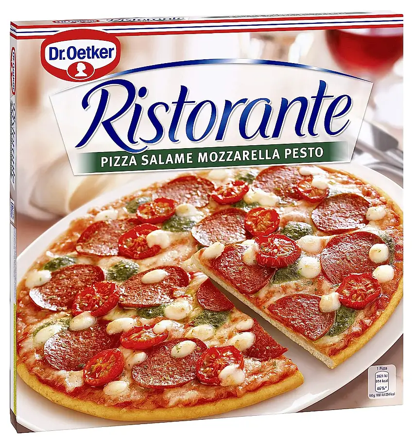 Dr. Oetker Ristorante Pizza Salame Mozzarella Pesto, 360 g – knusprige Tiefkühlpizza belegt mit Salami, Pesto und Mozzarella