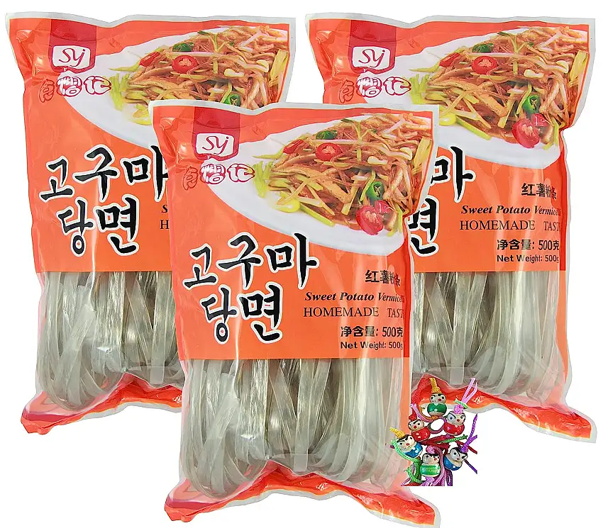 yoaxia ® - [ 3x 500g ] SYJ Breite Süßkartoffel-Vermicelli / Süßkartoffelstärke Nudeln / Korean Style + ein kleines Glückspüppchen - Holzpüppchen