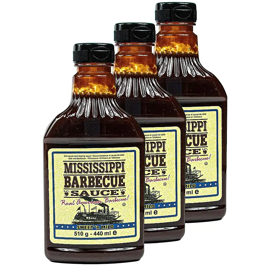 Mississippi - 3er Set Original Barbecue Sauce "Sweet'n Mild" 510 g (440ml) - American BBQ Sauce Sweet & Mild - Premium Barbeque Würzsauce ideal als Grillsauce (auch zum Dippen und Marinieren)