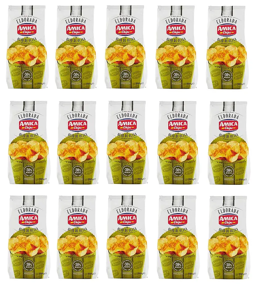15x Amica Chips Eldorada con Olio di Oliva Kartoffelchips mit Olivenöl 130g glutenfreie knusprige Kartoffel chips