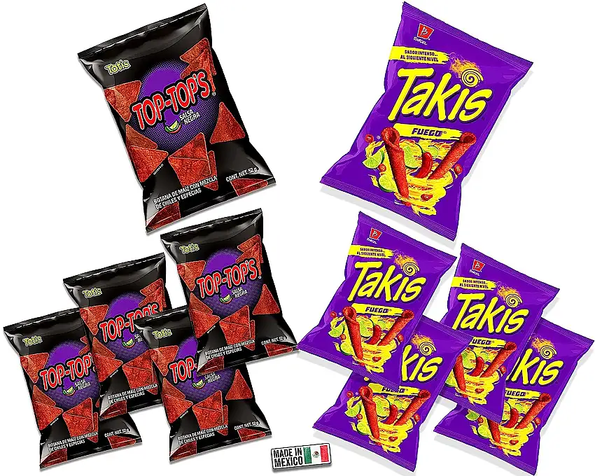 Totis und takis fuego Mexikanische scharfe Chips Party Pack (10 stück) 5 von Totis Top Top's Salsa Negra - je 52g und 5 von Takis Fuego - je 90g - Grosspackung snacks