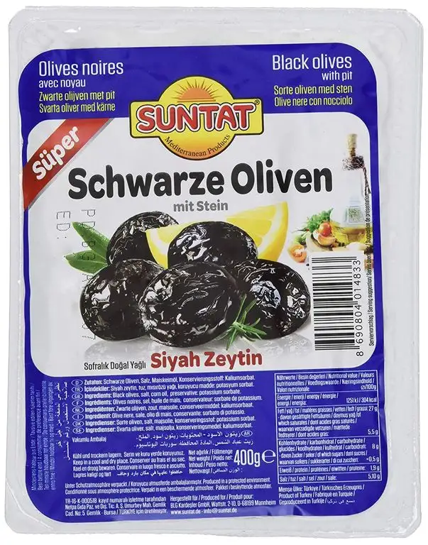 SUNTAT Gemlik Schwarze Oliven m. Stein super, 1er Pack (1 x 400 g Packung)