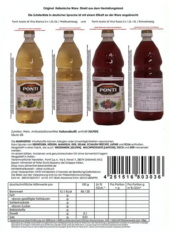 Ponti Aceto di Vino je 3 x 1L Bianco / Rosso / Weißweinessig Rotweinessig
