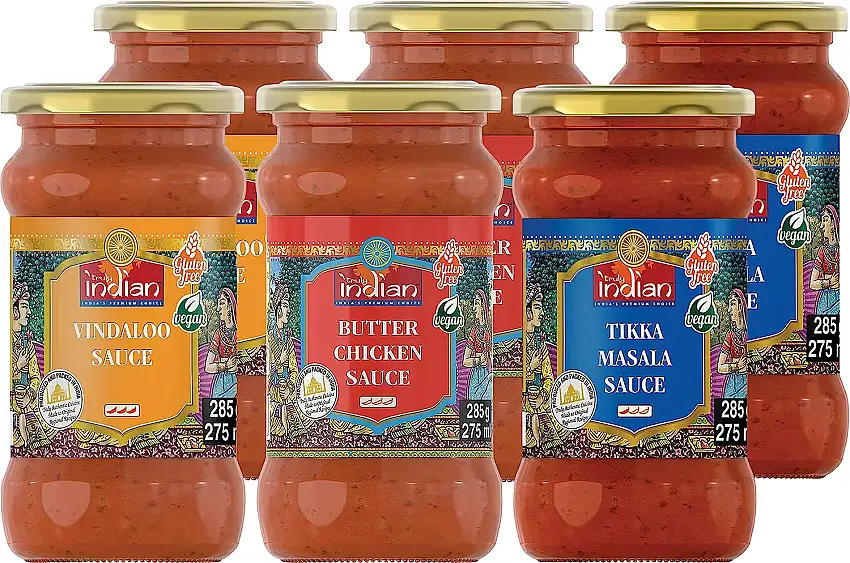 Truly Indian Fertigsaucen Mischkarton, 2 x Butterchicken, 2 x Tikka Masala, 2 x Vindaloo, für schnelle Gerichte mit natürlichen Zutaten – Authentisch indisch kochen – Vegan & glutenfrei – 6 x 285 g