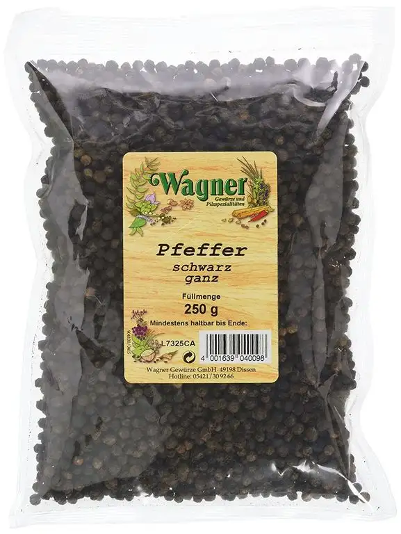 Wagner Gewürze Pfeffer schwarz ganz, 1er Pack (1 x 250 g)