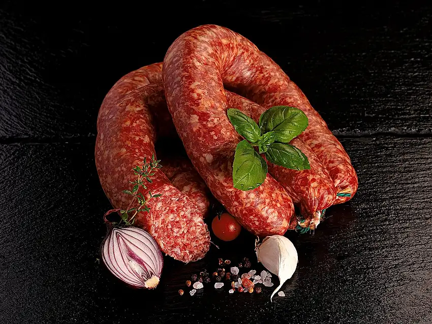 Harzer Bratwurst mit Knoblauch im Ring | Harzer Rohwurstspezialität | Perfekte Brotzeit für unterwegs | Knackwurst
