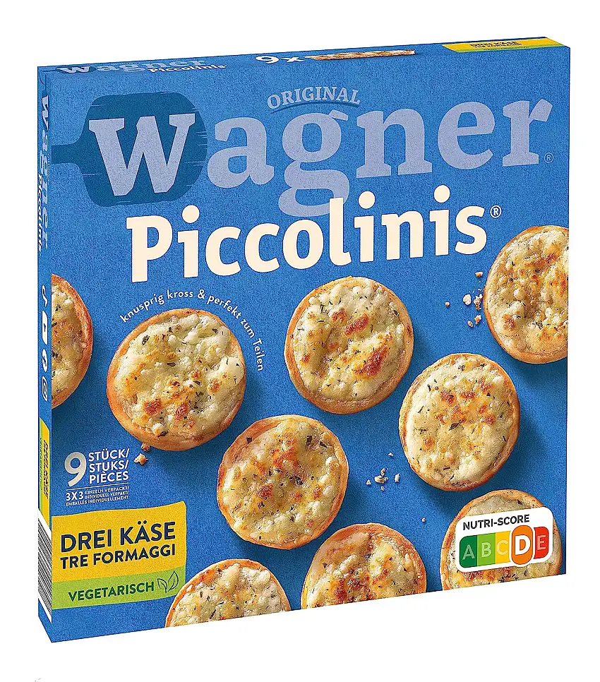 Original Wagner Steinofen Piccolinis Drei-Käse, Vegetarisch, Tiefgefroren, 3 x 90g Faltschachtel (270g)