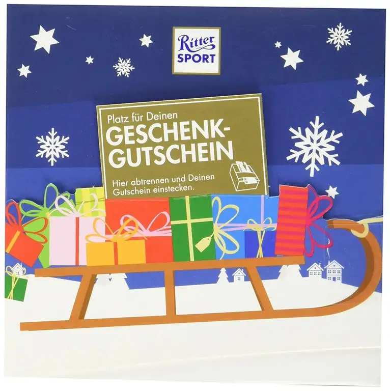 RITTER SPORT Gutschein Geschenk (5 x 163 g), kreative Verpackung für Gutscheine, mit Schokolade befüllt, Geldgeschenke für Männer und Frauen, zu Weihnachten