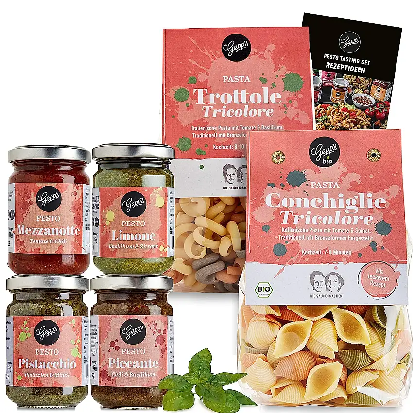 Gepp’s Feinkost Geschenkkorb Pesto Tasting I Geschenkset mit italienischen Spezialitäten I Mit Booklet, Pasta & Pesto-Varietäten I Pesto Limone, Mezzanotte, Piccante und Pistacchio & Minze