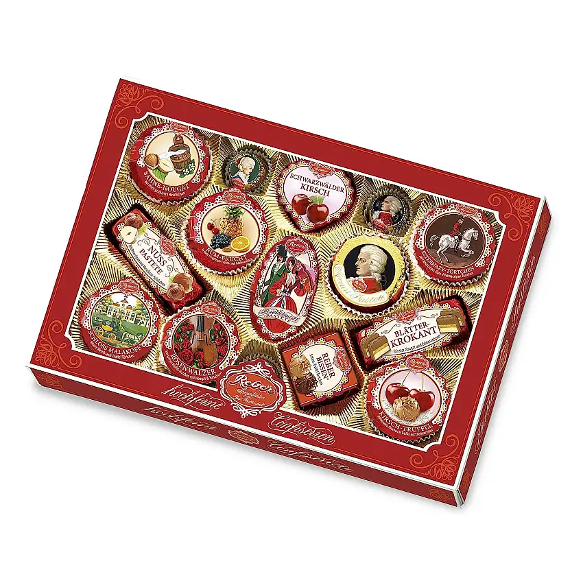 Reber Spezialitäten-Kassette – 15 hochfeine Reber Klassiker – Mit Pralinen, Echten Mozart-Kugeln, Constanze Mozart-Kugeln, Marzipan, Pasteten und Nougat