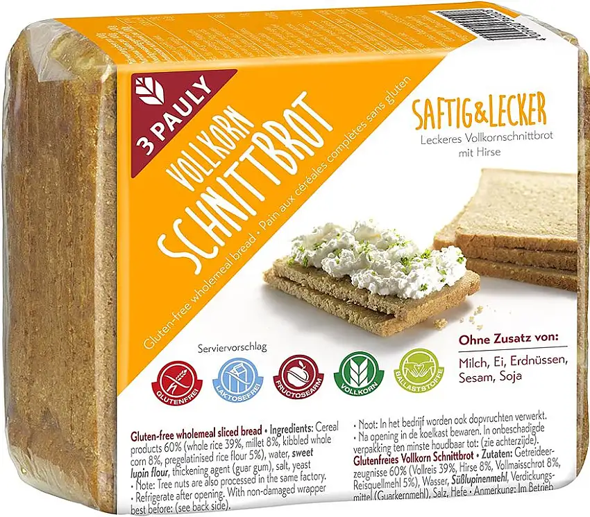 3 PAULY Vollkorn Schnittbrot - glutenfrei, 3er Pack (3 x 500 g)