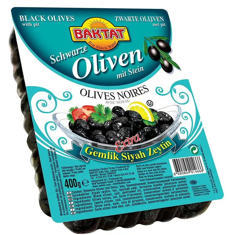 SUNTAT Gemlik Schwarze Oliven Extra m. Stein , 1er Pack (1 x 400 g Packung)