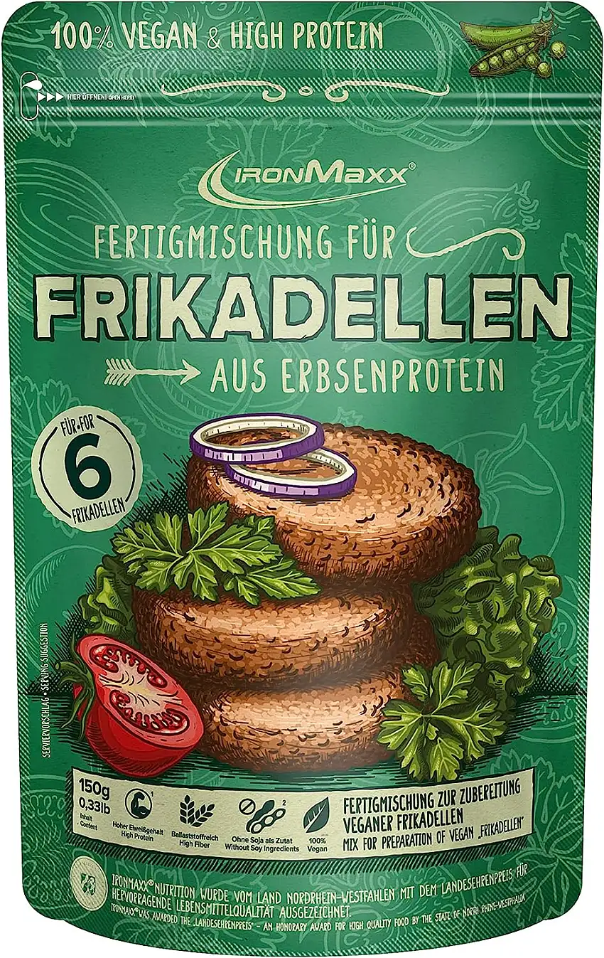 IronMaxx Fertigmischung für Vegane Frikadellen aus Erbsenprotein, High Protein Food mit 37g Protein und 15g Ballaststoffe, 150g (1er Pack) entsprechen 450g veganen Frikadellen