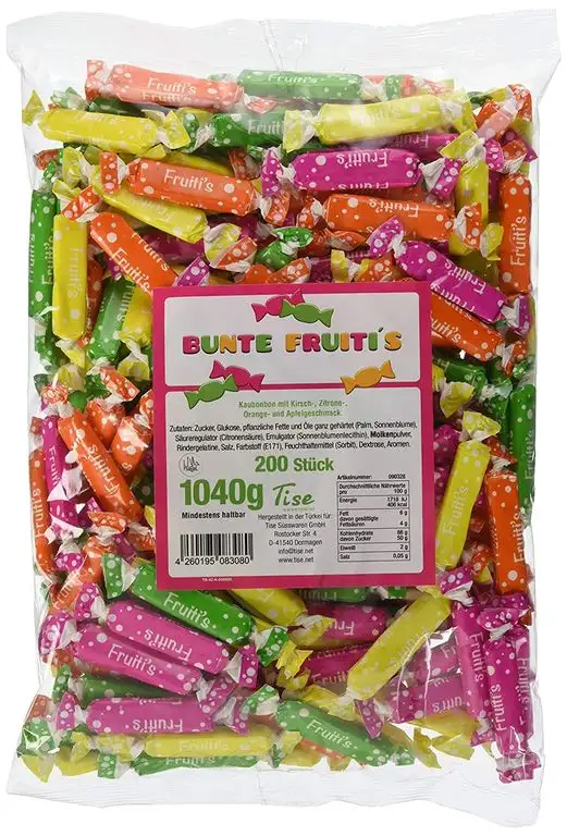 Tise Süsswaren Bunte Fruitis Kaustangen Kaubonbon Wurfmaterial Karneval Fasching Geburtstage Events Veranstaltungen Partys Giveaway Kindergeburtstag Hochzeit, 200 Stück