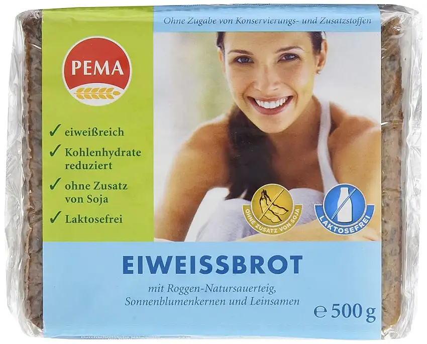 PEMA Eiweissbrot 6x500g, Vollkornbrot mit Roggen-Natursauerteig, Sonnenblumenkernen und Leinsamen; Eiweiß angereichert und Kohlenhydrate reduziert, 1er Pack (1 x 3000 g)