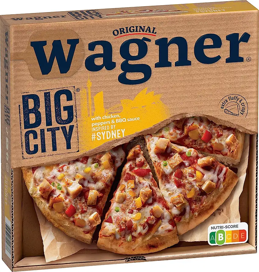 Original Wagner BIG CITY Pizza Sydney, Tiefkühl-Pizza mit Hähnchenbrust, gegrillter Paprika & Barbecuesoße, innen luftig, außen knusprig, dicker Pizza-Boden, 425 g