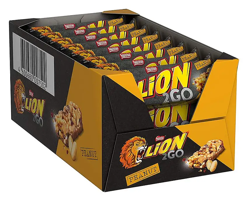 Nestlé LION 2GO Peanut, Schokoriegel mit Erdnüssen, Cranberries & Rosinen, bissiger Knusperreis, Karamell, das besondere Beißerlebnis to go, 24er Pack (24 x 33g)