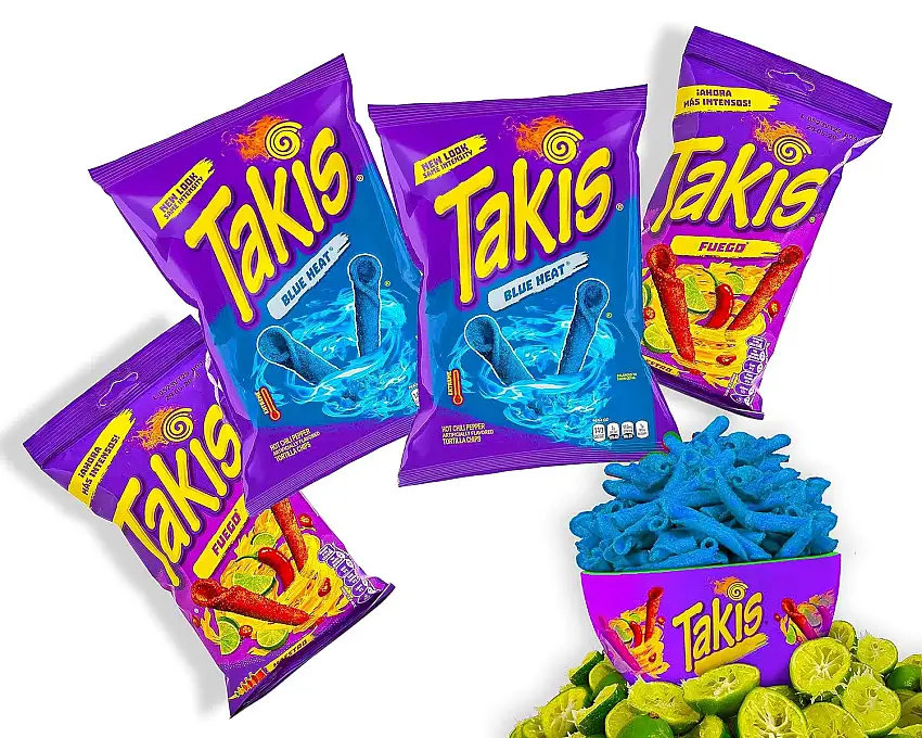 Takis Chips Box - 2x Blaue Takis Blue Heat 92g und 2x Takis Fuego 56g - Chips Grosspackung Chips scharf (Pack von 4)
