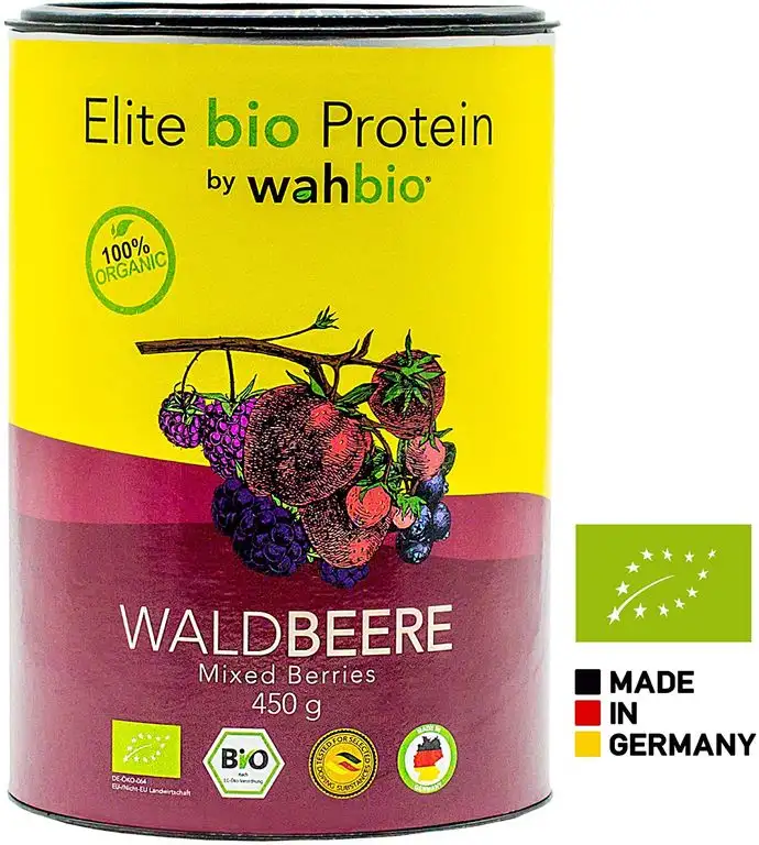 WAHBIO 100% Bio Protein | Geschmack"WALDBEERE" | 4 Komponenten Bio-Protein-Pulver | Whey | Casein | Ei | Soja | Bio-Eiweiß-Pulver ohne Zucker, Süßungsmittel, Zusatzstoffe | aspartamfrei & xanthanfrei
