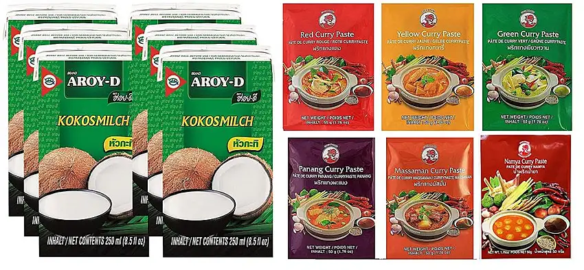 6 verschiedene Curry Pasten je 50g (Rote, Gelbe, Grüne, Panang, Matsaman, Namya) + Aroy Kokosnussmilch 6x250ml