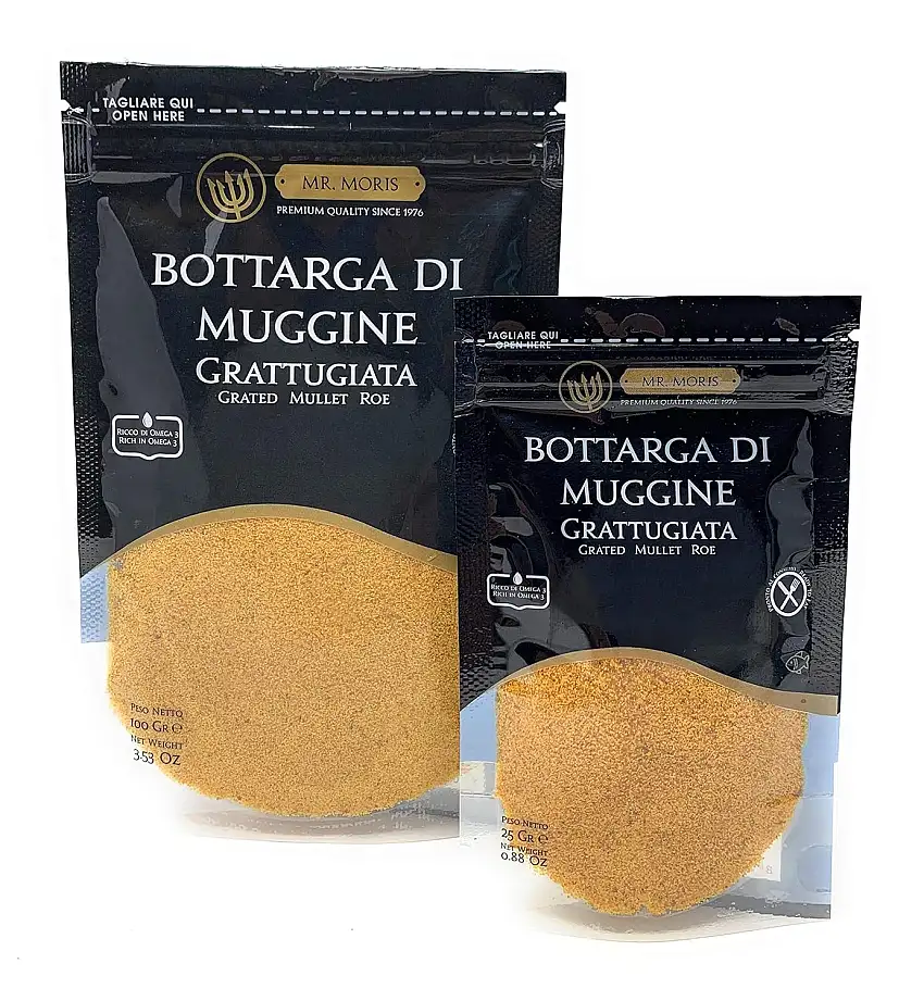 Mr Moris Bottarga Powder Premium Quality Kosher (Meeräschen Pulver) im Beutel (100Gr)