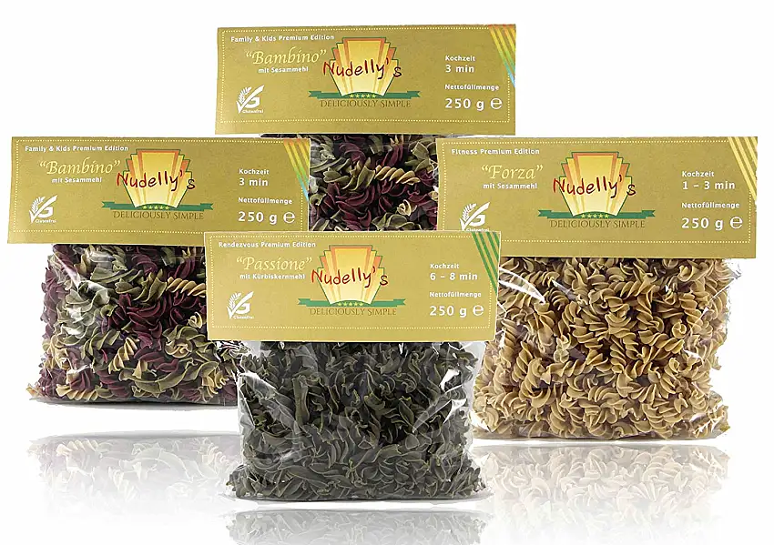 Nudelly's Quattro Trio, glutenfreie Pasta im 4er-Pack, Kürbiskernmehl, Sesammehl, Eier-Nudeln mit Tapioka-Stärke als Fusilli, paleo, clean, sojafrei
