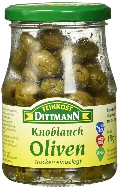 Feinkost Dittmann Knoblaucholiven ohne Stein, Trocken eingelegt Glas, 6er Pack (6 x 170 g)