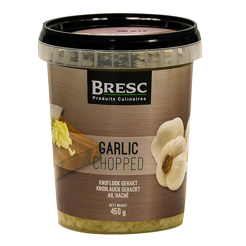 Bresc Knoblauch gehackt - 5x 450g - grob gehackter junger Knoblauch, vegan, eingelegt in mildem Sonnenblumenöl, küchenfertig für sofortigen Gebrauch, feines und mildes Aroma