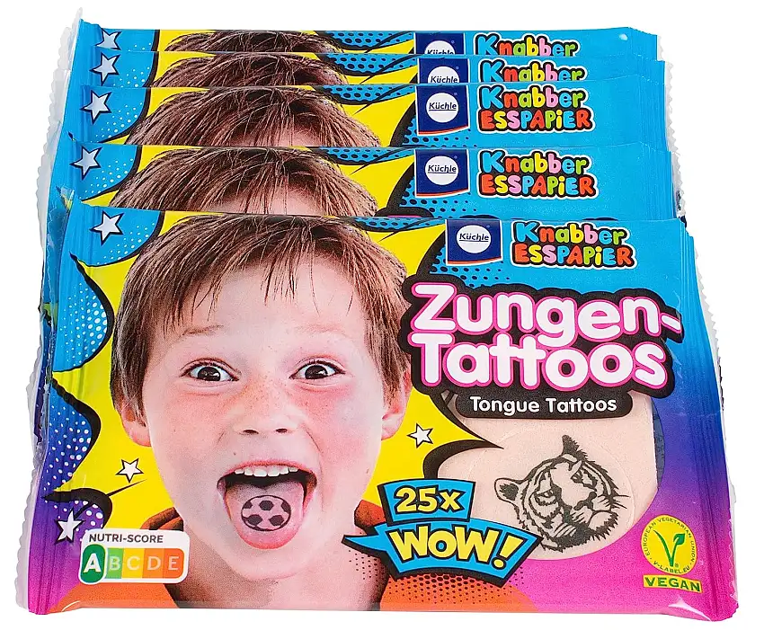 Küchle Zungen-Tattoos – Kinder-Oblaten – Knabber-Esspapier – Süßigkeiten Kindergeburtstag – 5 x 25 Tattoos – 5 x 11g