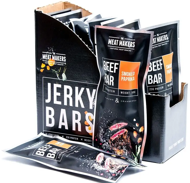 (Packung 10 x 50g) The Meat Makers geräucherte Paprika-Rinderbarren mit gerösteten Mandeln und Preiselbeeren - angereichert mit Molkenprotein - eine Behandlung für Jerky und Biltong-Liebhaber