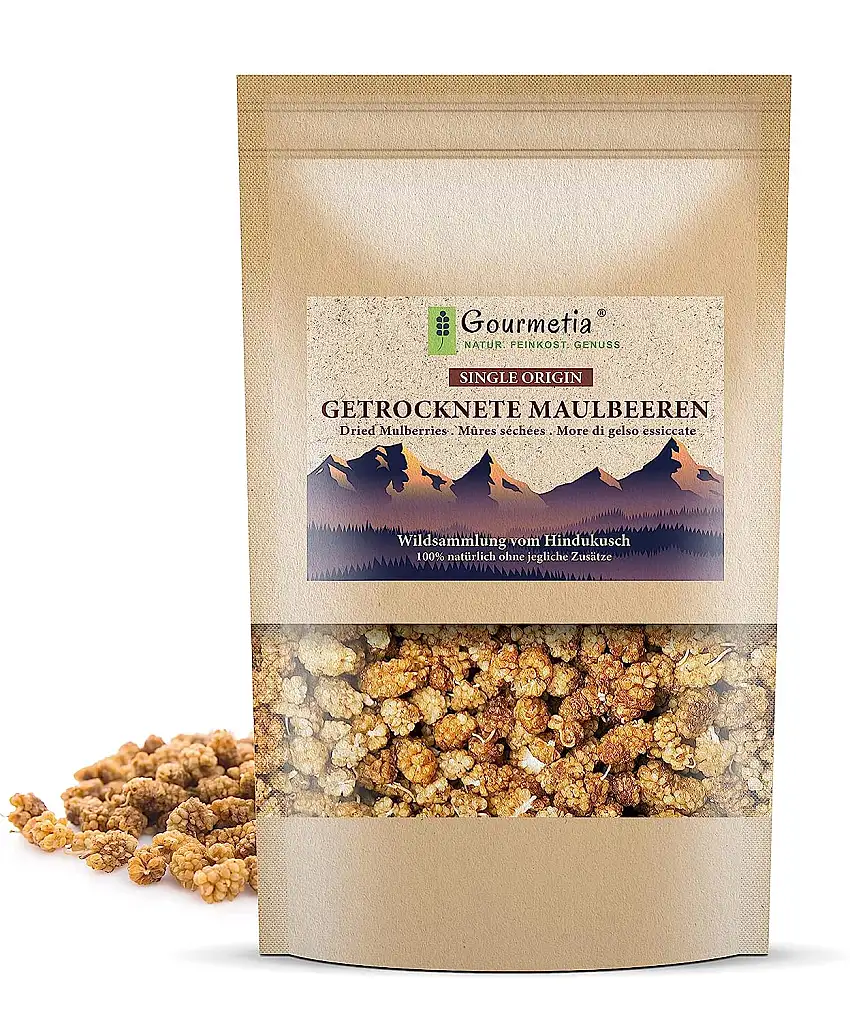 Gourmetia Maulbeeren getrocknet, 900g Maulbeeren aus Wildsammlung vom Hindukusch - ungezuckert und ungeschwefelt