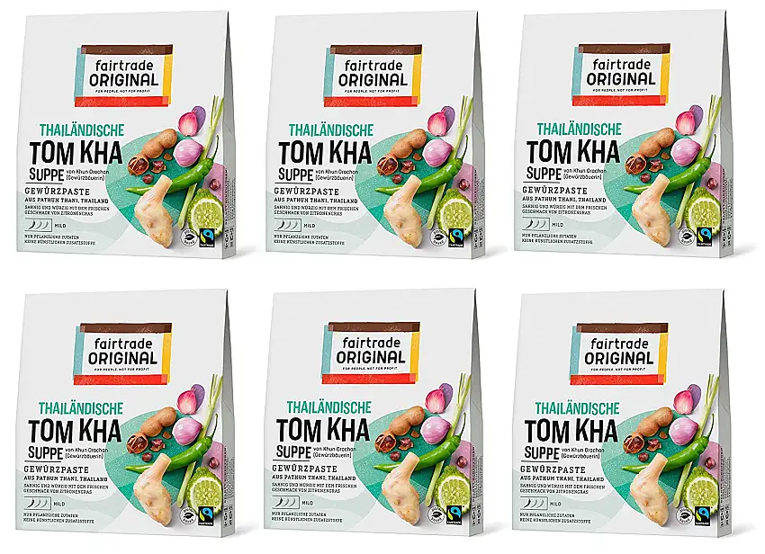 Tom Kha Paste von Fairtrade Original | Gewürzpaste für Suppe | Thai Gewürz| Kräuterpaste für Hühnersuppe | Tom Kha Gai Suppe | vegane Paste ohne künstliche Zusätze (6 Packungen (je 70g))